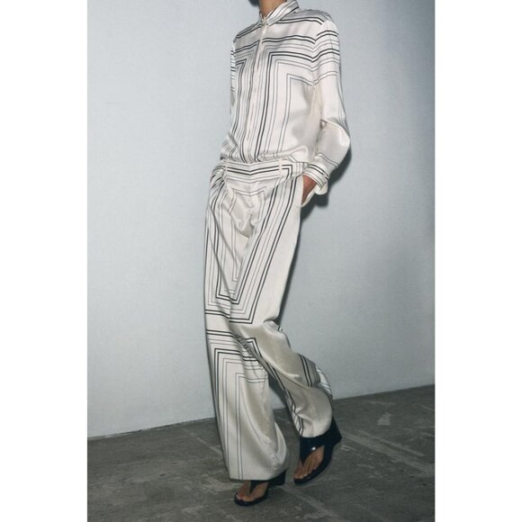 Zara Womens Pants Trouser XXL Ecru Geometric Printed Satin Effect 2761/027 NWT - Picture 1 of 16